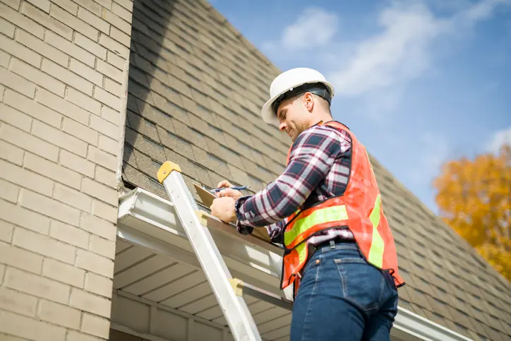 A man with hard hat standing on steps inspecting house roof